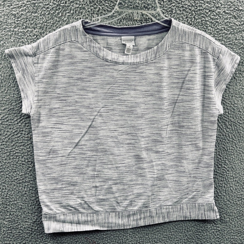 Chicos Womens Minimalist Boxy Top L Lavender Striped Everyday Casual Relaxed